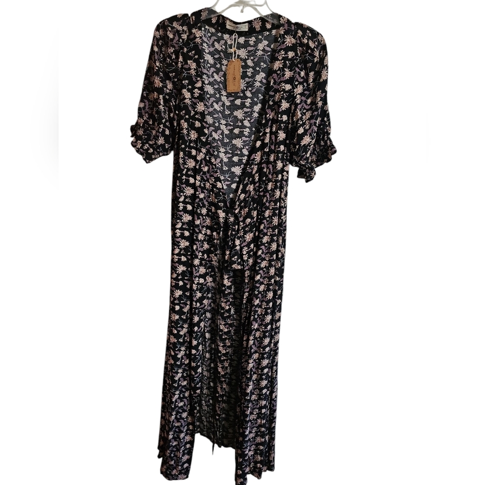Natural Life Womens Small Duster Robe Dark Floral Rayon Cottagecore Boho Festive - Picture 3 of 6